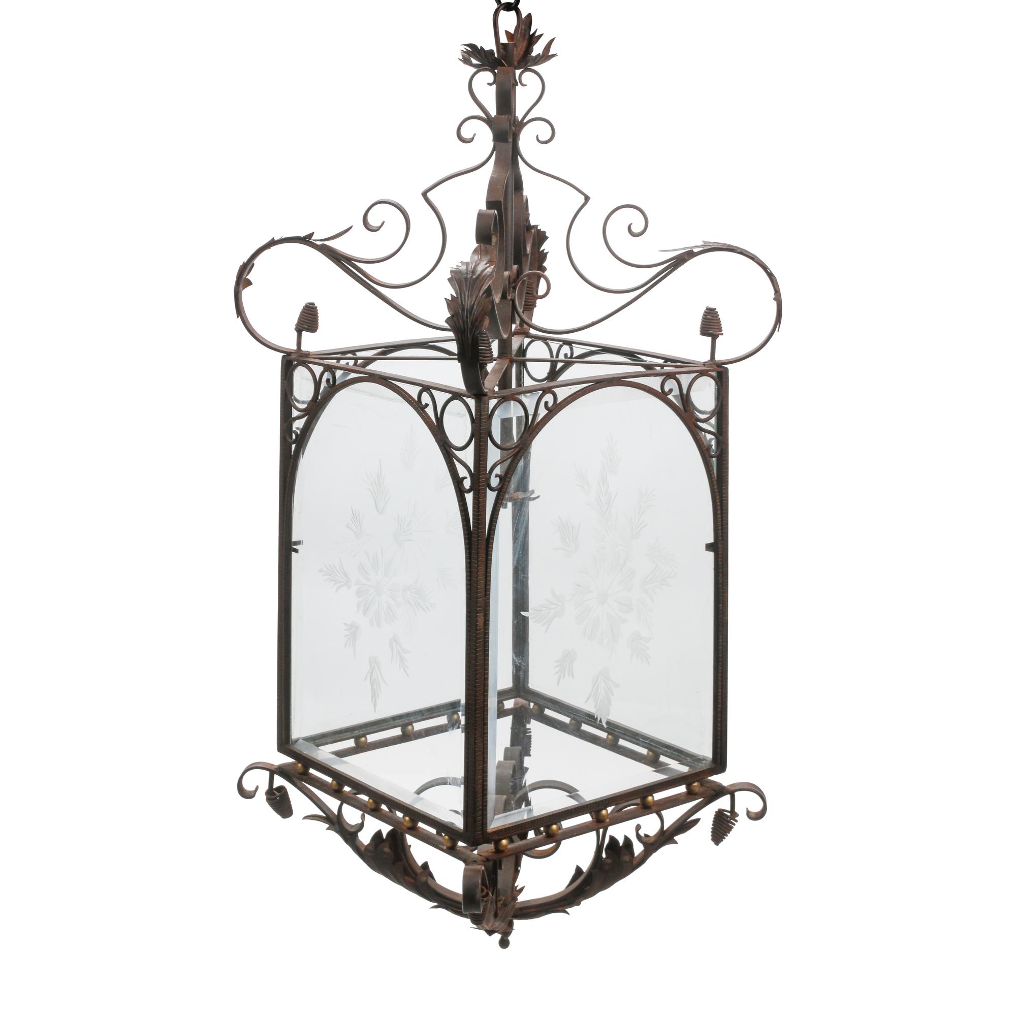 A Pair of Louis XV Style Iron and Parcel Gilt Etched Glass Hall Lanterns