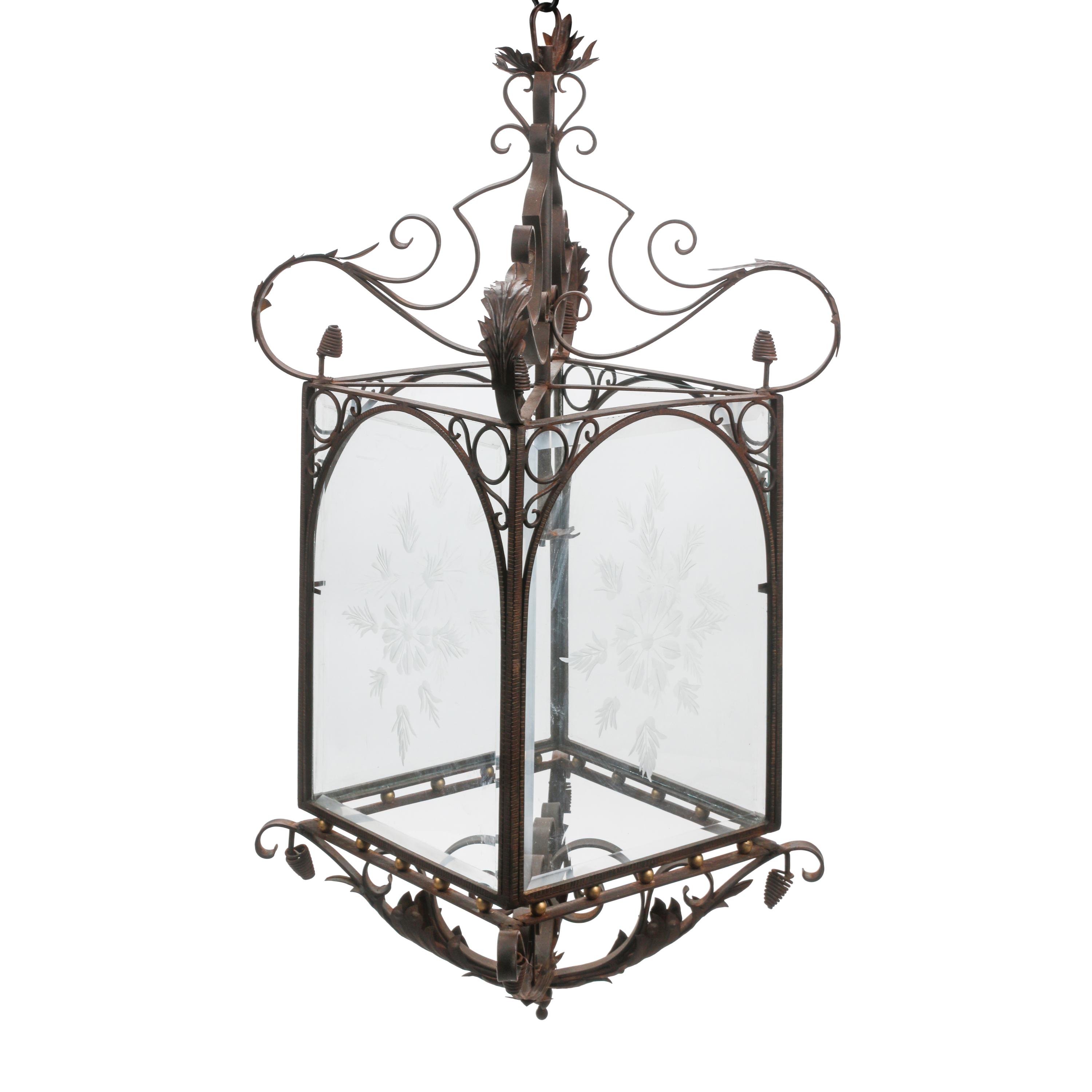 A Pair of Louis XV Style Iron and Parcel Gilt Etched Glass Hall Lanterns