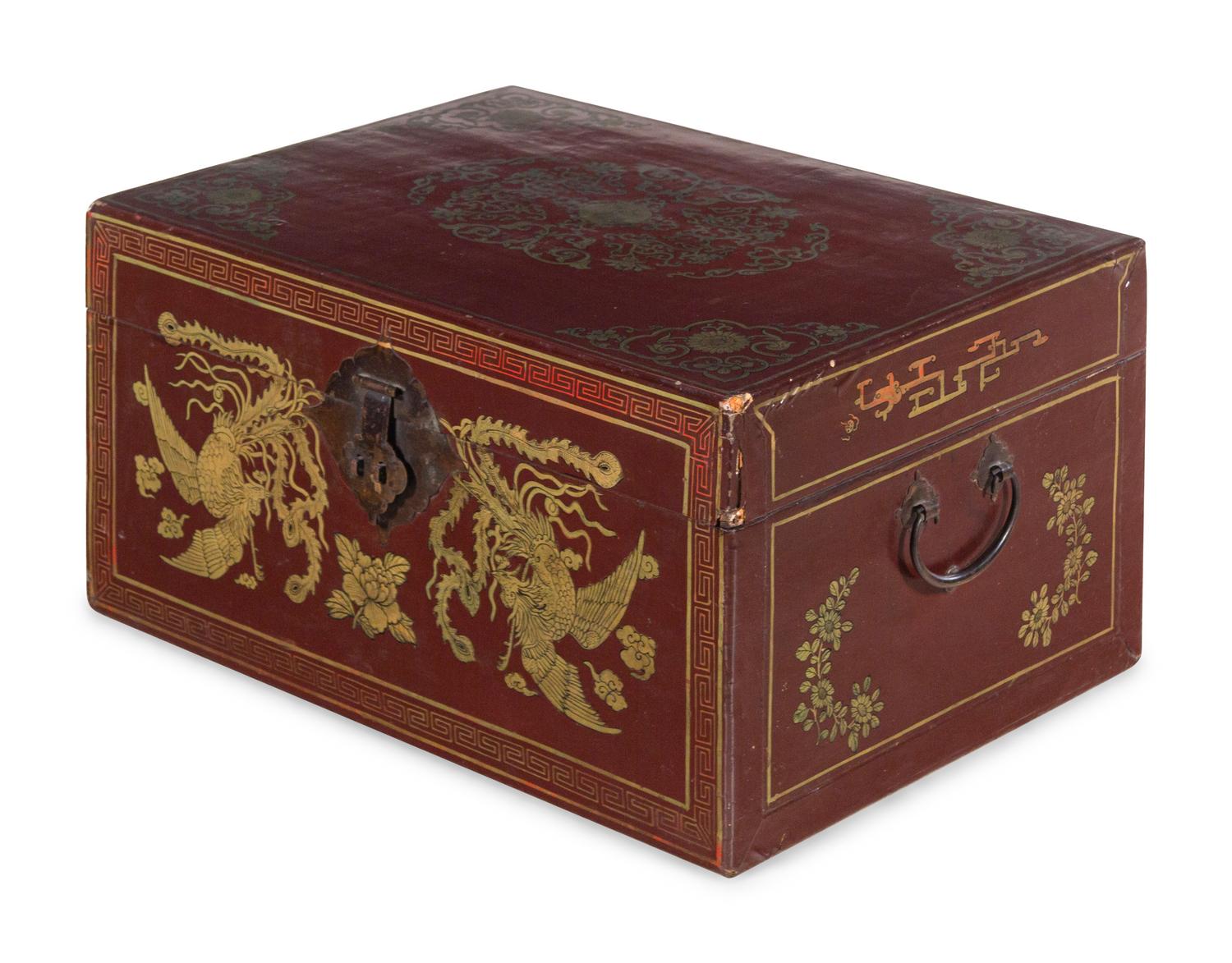 A Chinese Gilt Decorated Red Lacquer Trunk