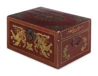 A Chinese Gilt Decorated Red Lacquer Trunk