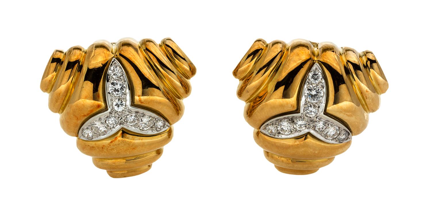 A Pair of 18 Karat Yellow Gold and Diamond Earclips, Tiffany & Co., 15.80 dwts.