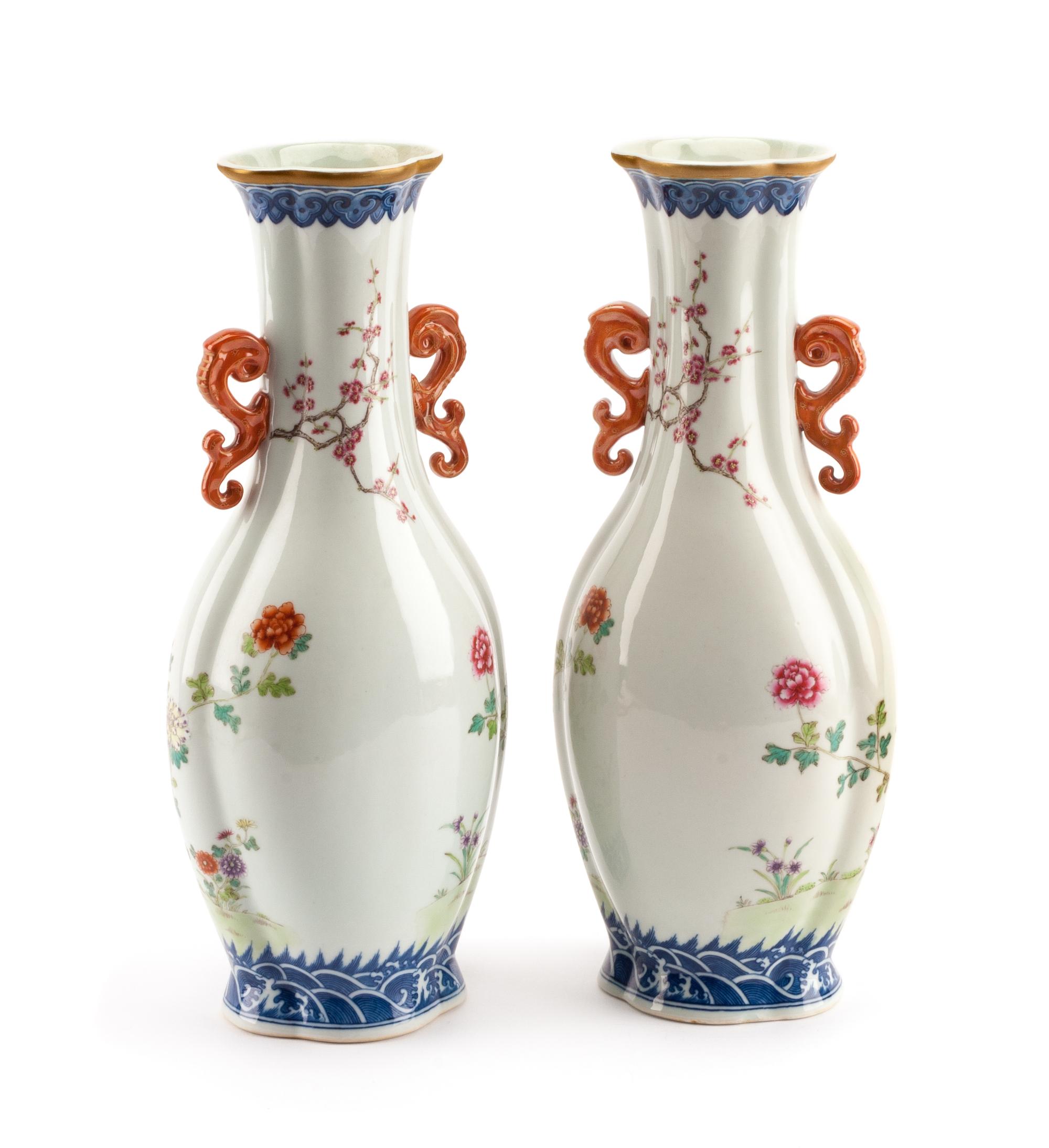 A Pair of Chinese Export Style Porcelain Vases Height 14 inches.
