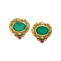 Chrysoprase Intaglio, Multigem, and Yellow Gold Earrings