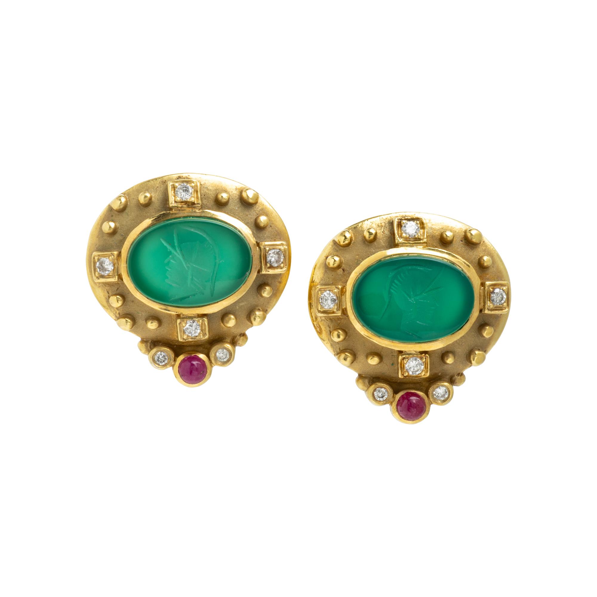 Chrysoprase Intaglio, Multigem, and Yellow Gold Earrings