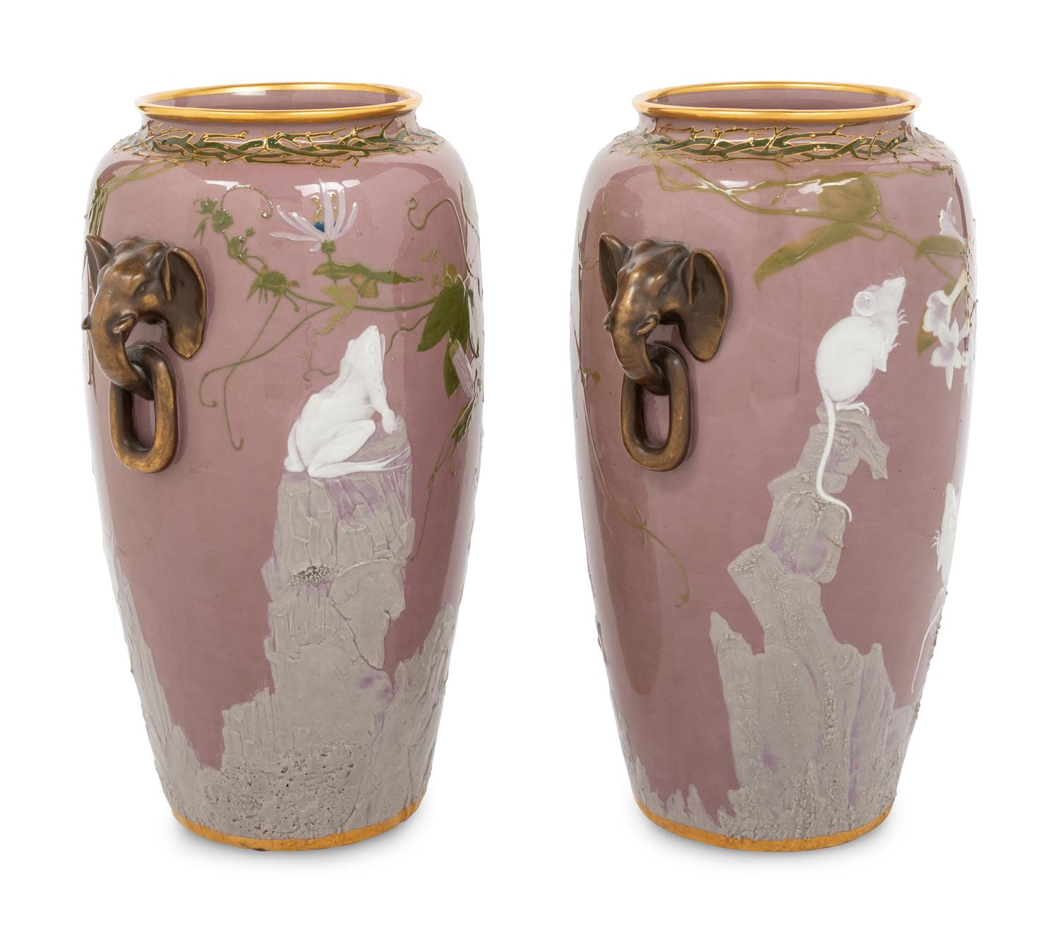 A Pair of Mintons Pate-sur-Pate Elephant Handle Urns