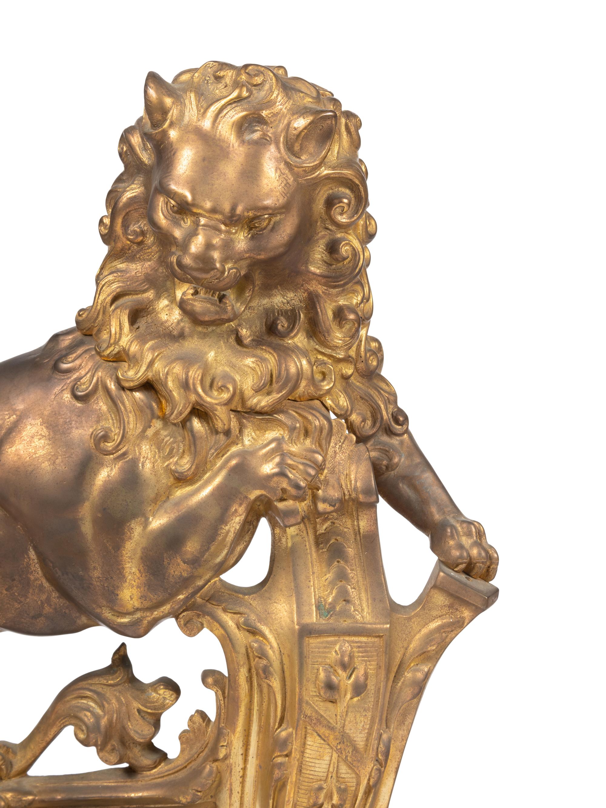 A Pair of English Gilt Bronze Lion-Form Chenets