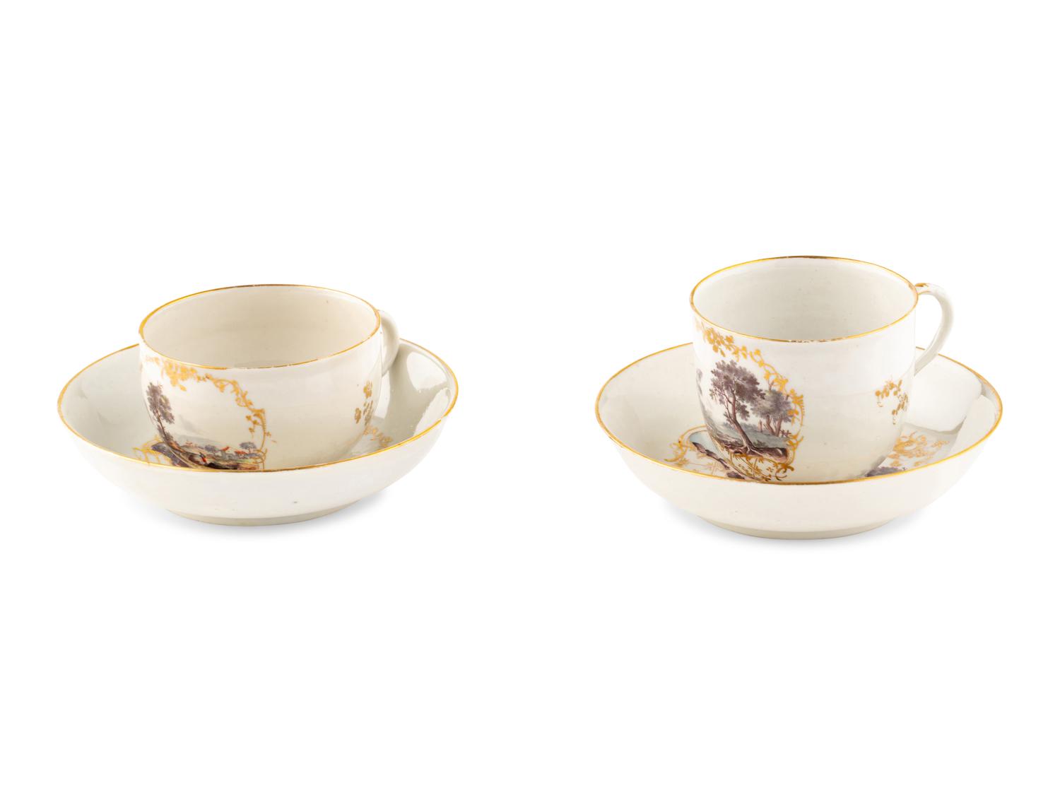 A Near Pair of South Italian Porcelain Teacups and Saucers