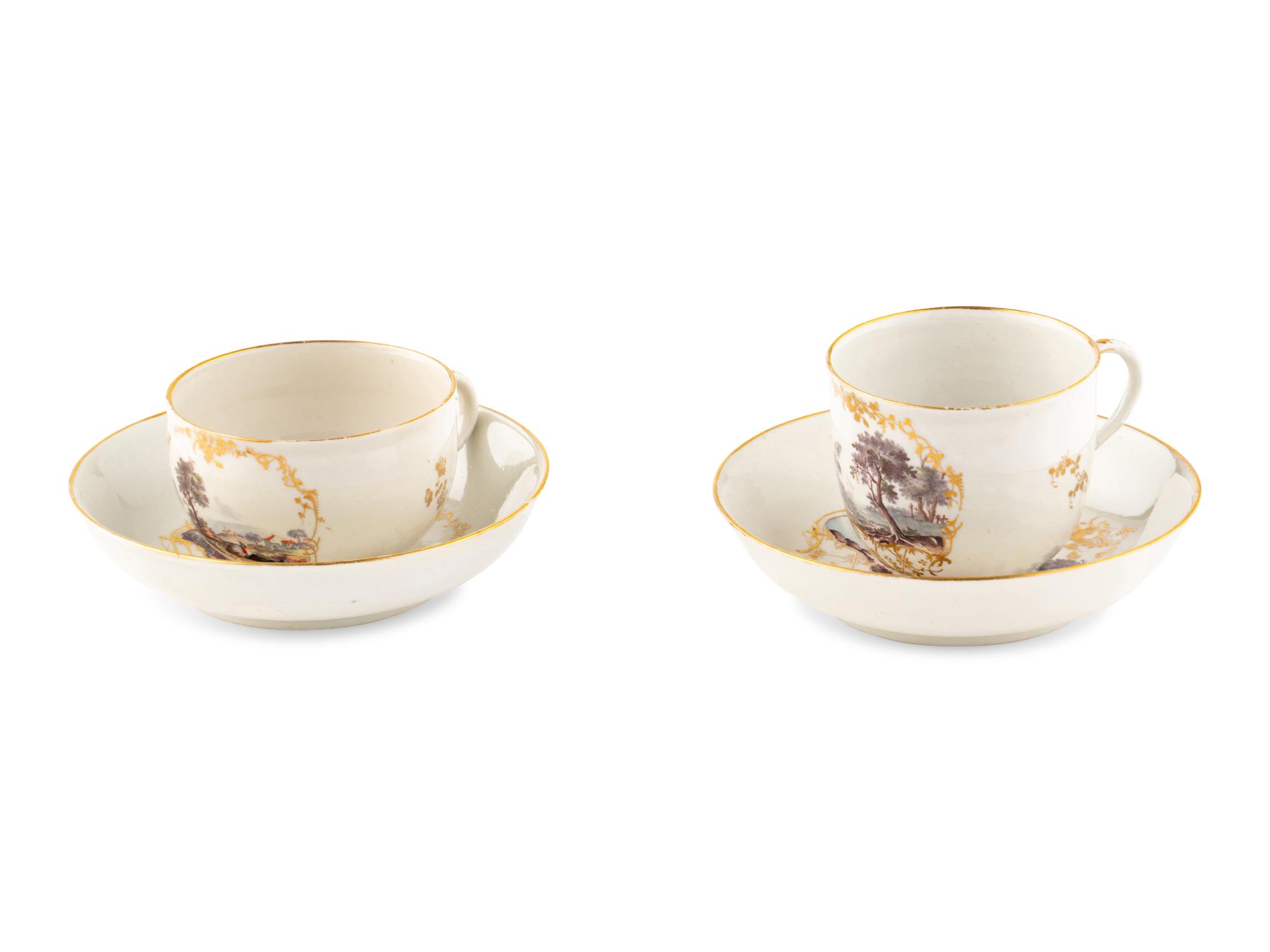 A Near Pair of South Italian Porcelain Teacups and Saucers