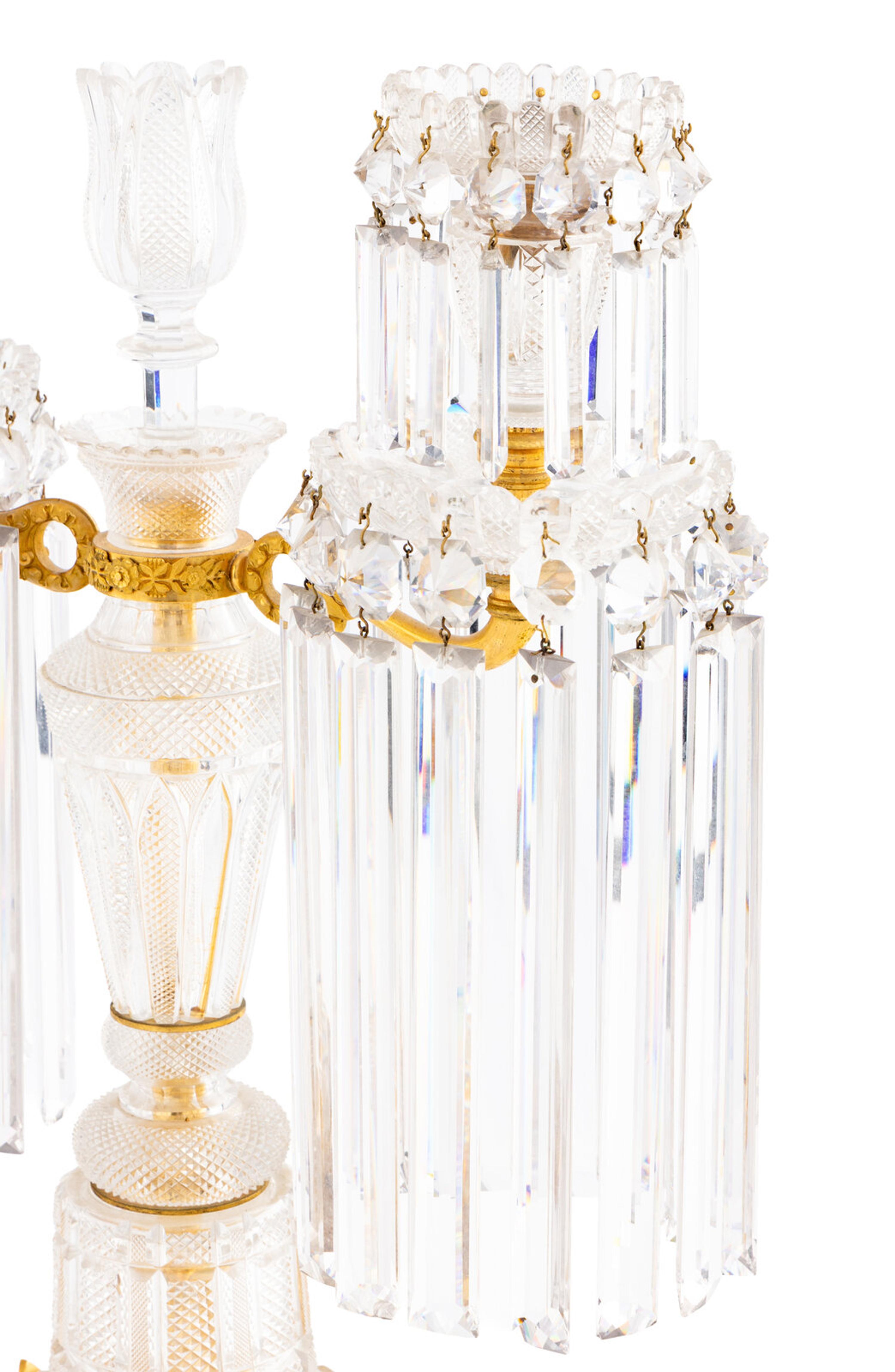 A Pair Regency Ormolu Mounted Cut-Glass Three-Light Candelabra