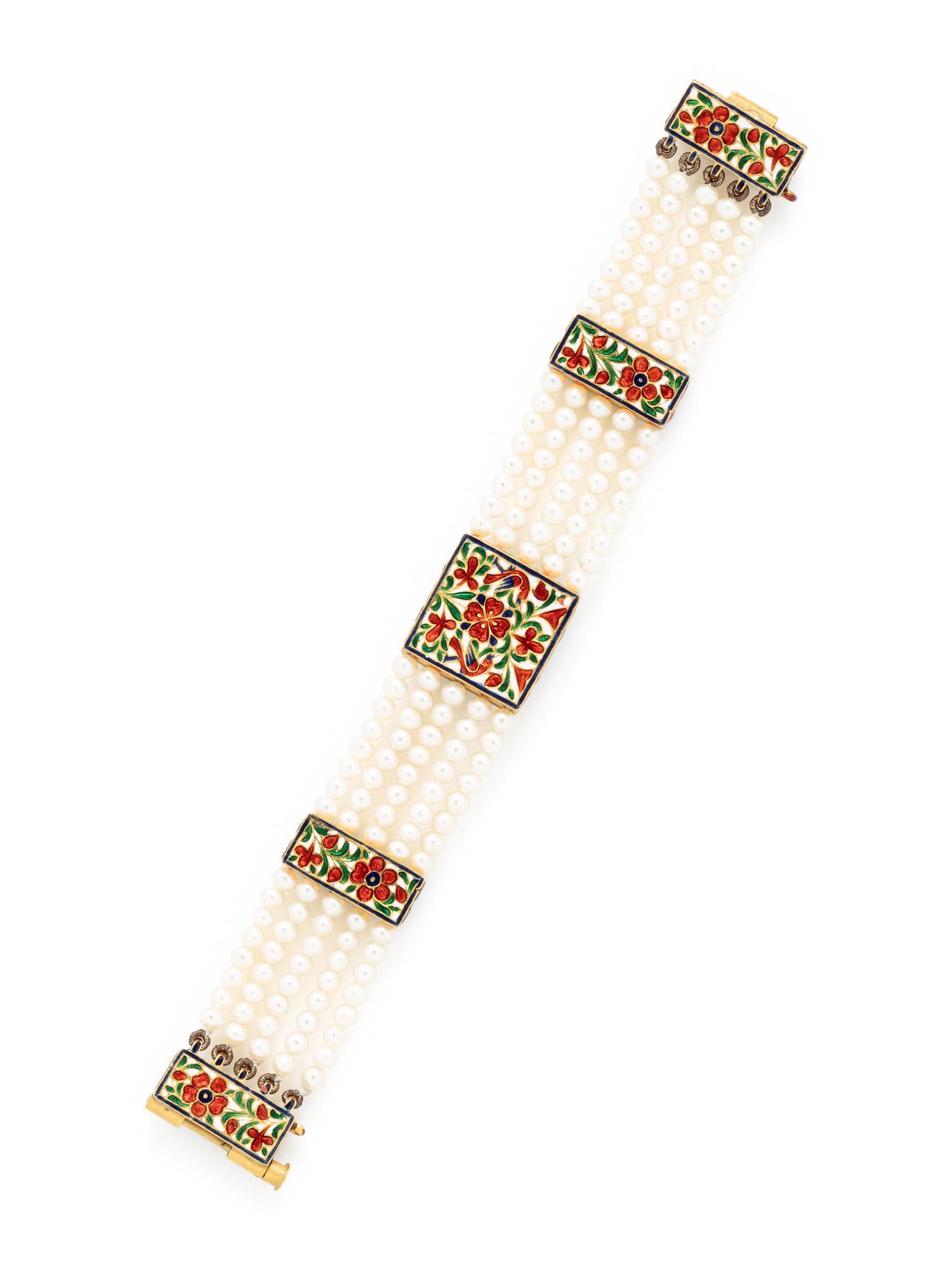 YELLOW GOLD, ENAMEL, DIAMOND, AND CULTURED PEARL MUGHAL-STYLE BRACELET