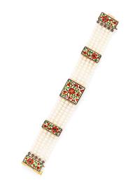YELLOW GOLD, ENAMEL, DIAMOND, AND CULTURED PEARL MUGHAL-STYLE BRACELET