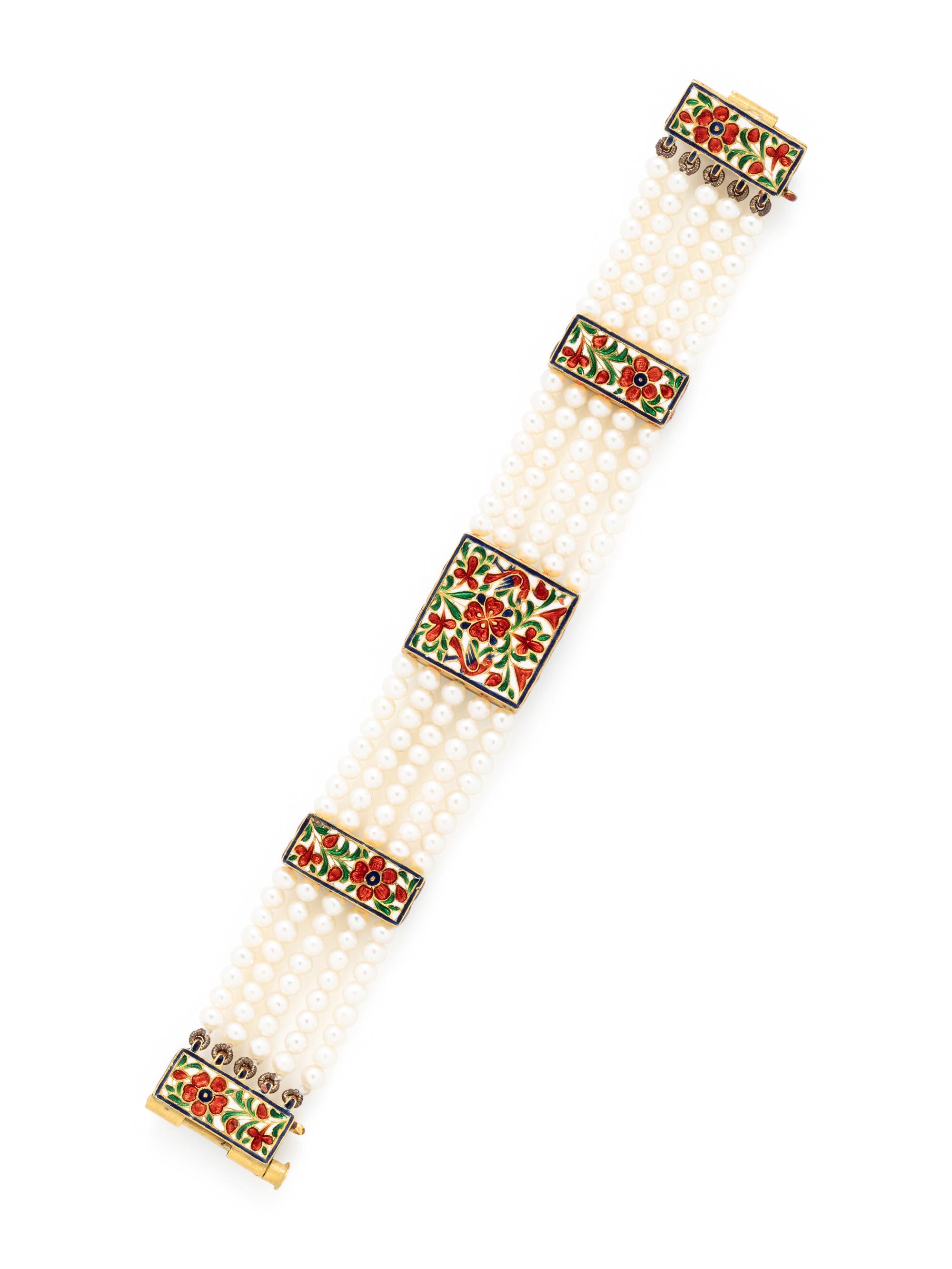 YELLOW GOLD, ENAMEL, DIAMOND, AND CULTURED PEARL MUGHAL-STYLE BRACELET