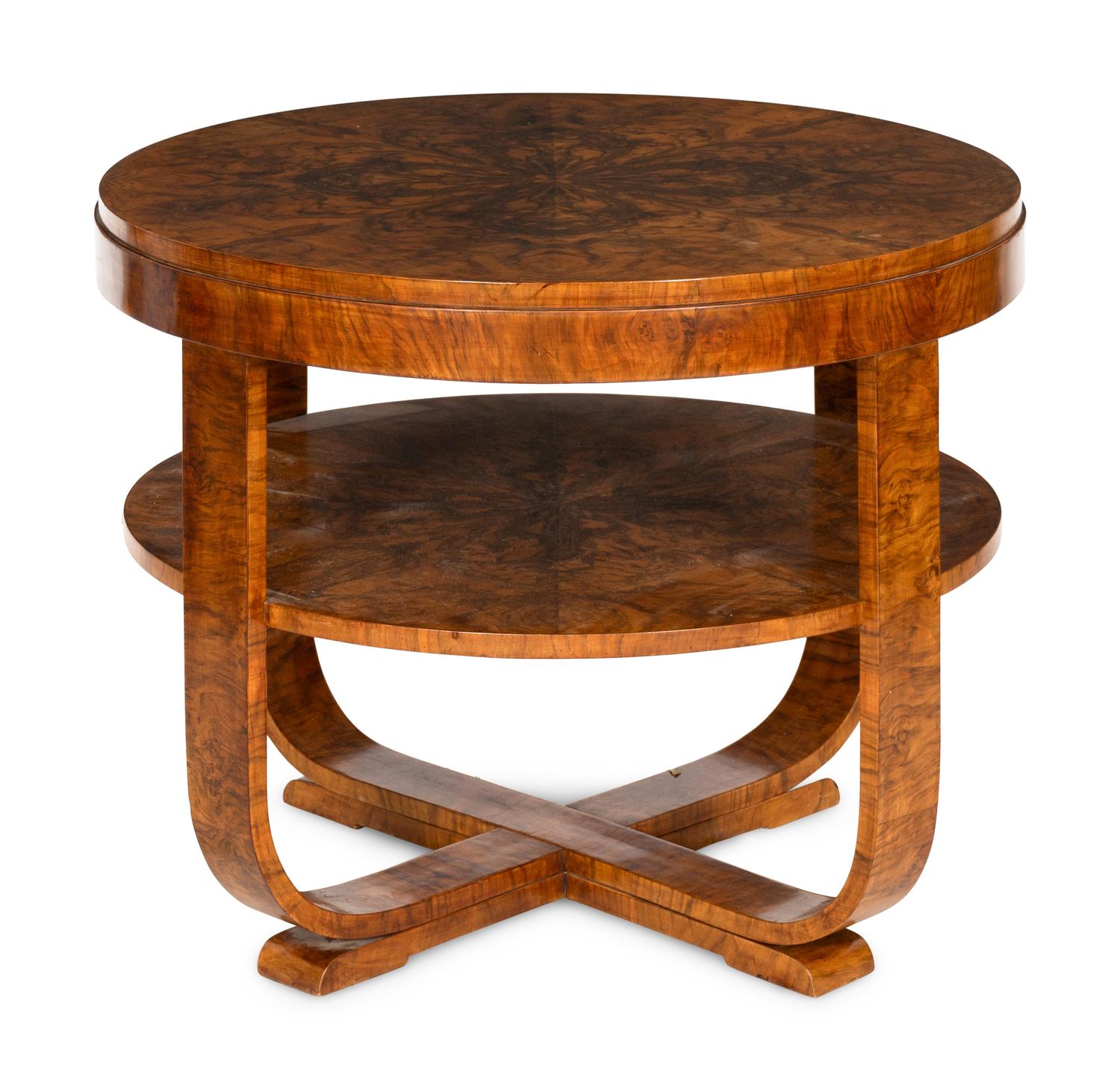 A Hungarian Art Deco Burl Walnut Two-Tier Side Table