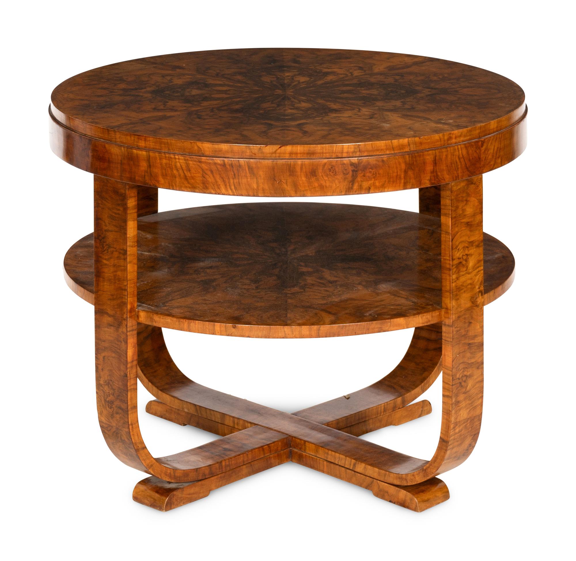 A Hungarian Art Deco Burl Walnut Two-Tier Side Table