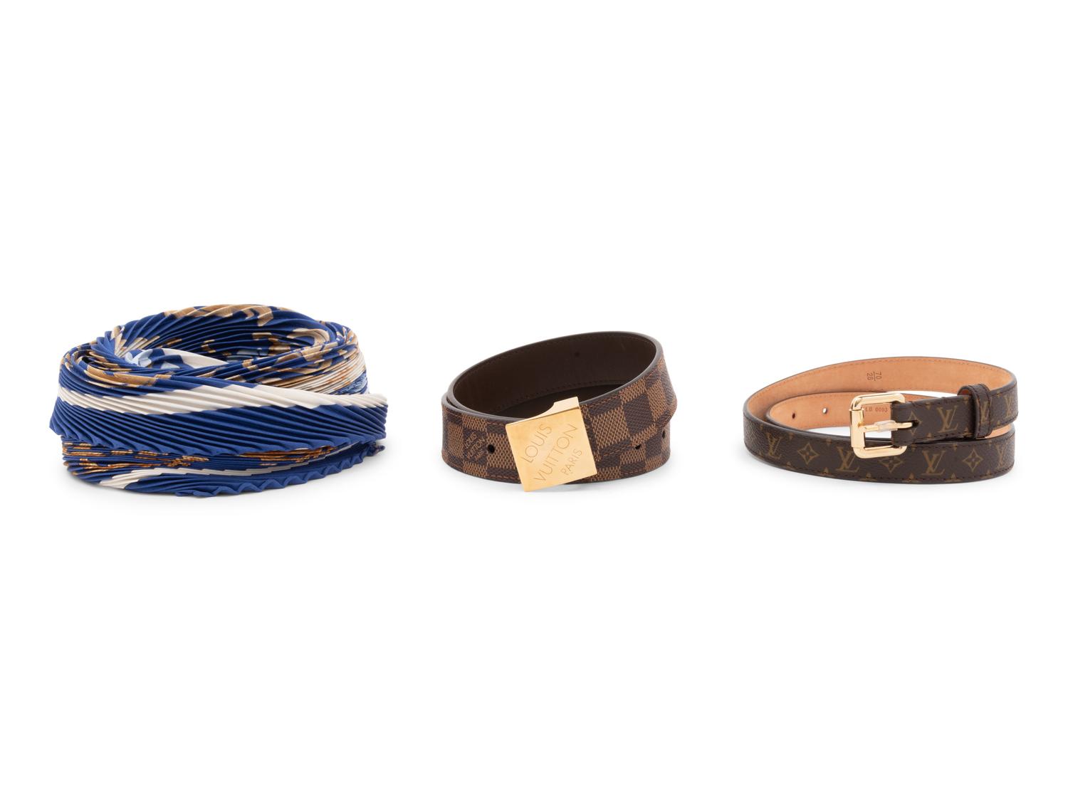 Two Louis Vuitton Belts and an Hermès Plisse Scarf
