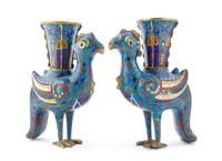 A Pair of Cloisonne Enamel Phoenix-Form Vessels Height 10 1/2 inches.