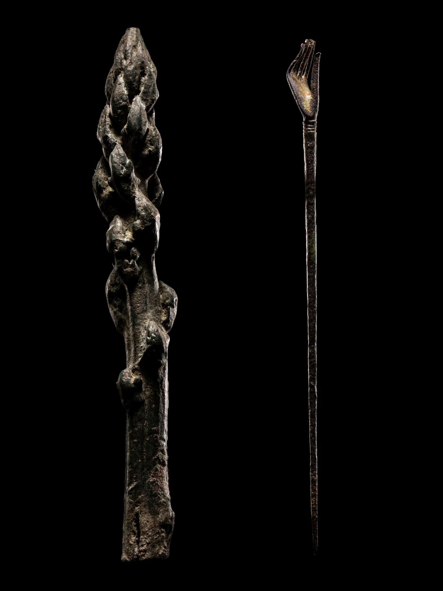 A Roman Bronze Asparagus and a Roman Bronze Hand Pin