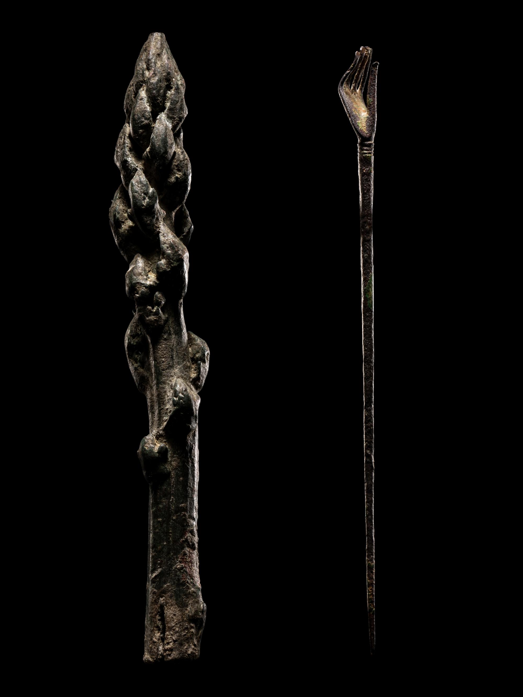A Roman Bronze Asparagus and a Roman Bronze Hand Pin