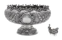 A German Silver Center Bowl, Maker's Mark Obscured, Late 19th/Early 20th Century, the body centered with C-scrolls enclosing a vacant c