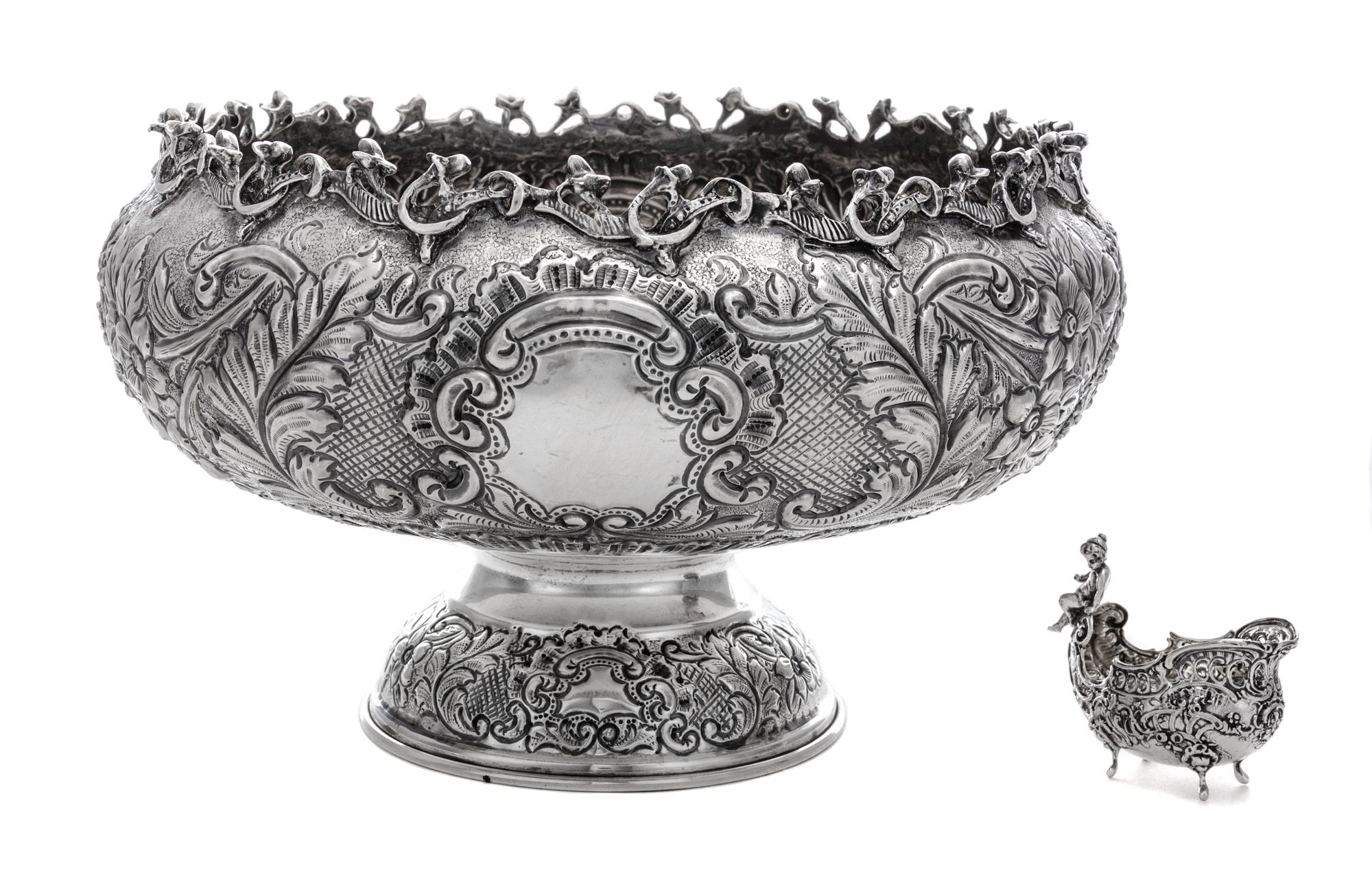 A German Silver Center Bowl, Maker's Mark Obscured, Late 19th/Early 20th Century, the body centered with C-scrolls enclosing a vacant c