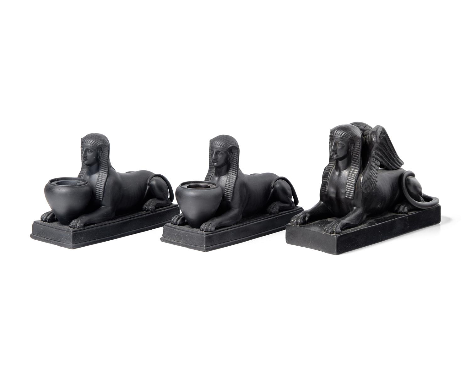 A Wedgwood Black Basalt Sphinx Figure and Two Related Inkwells