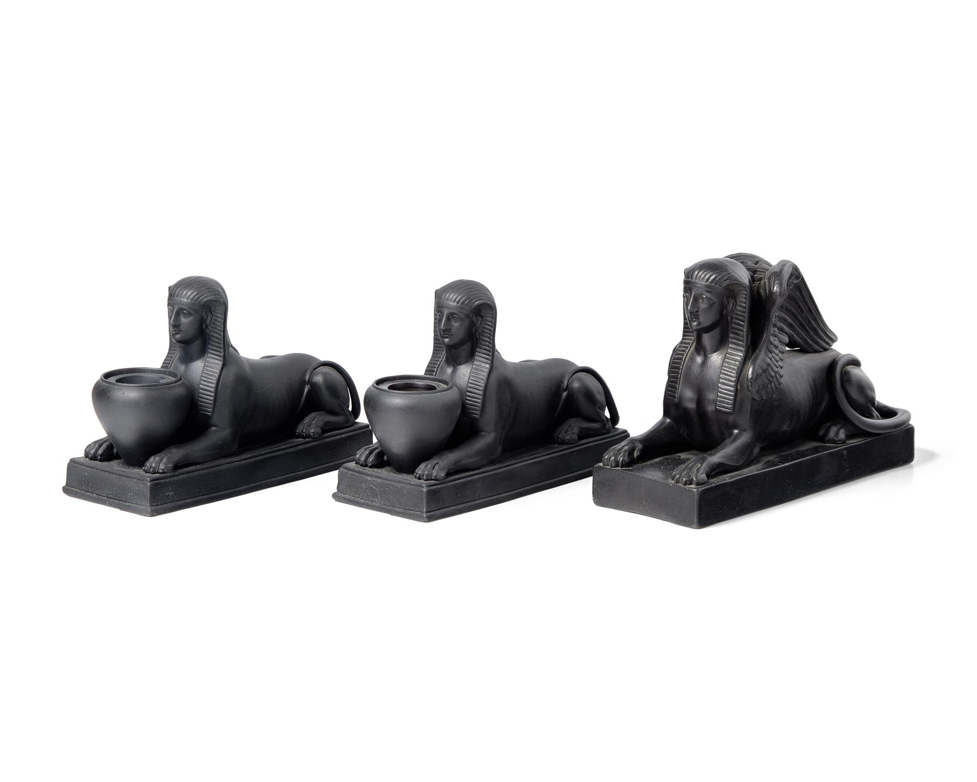 A Wedgwood Black Basalt Sphinx Figure and Two Related Inkwells