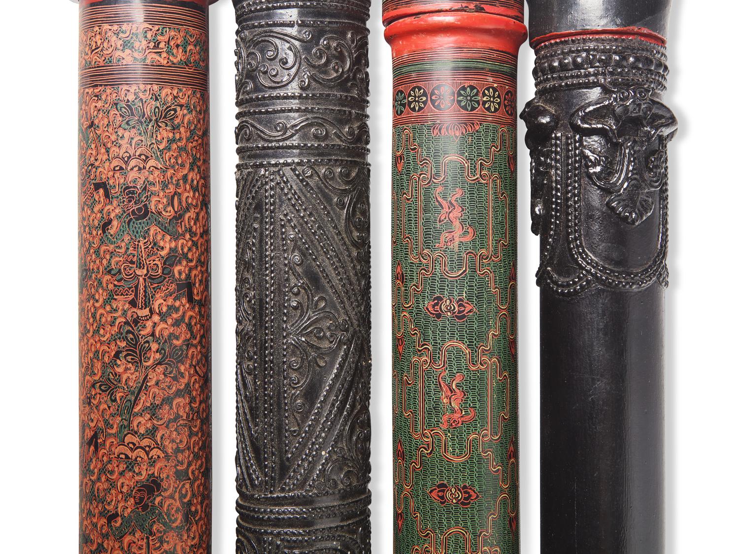 Four Burmese Red or Black Lacquer Scroll Holders