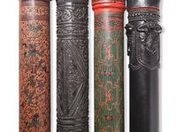 Four Burmese Red or Black Lacquer Scroll Holders