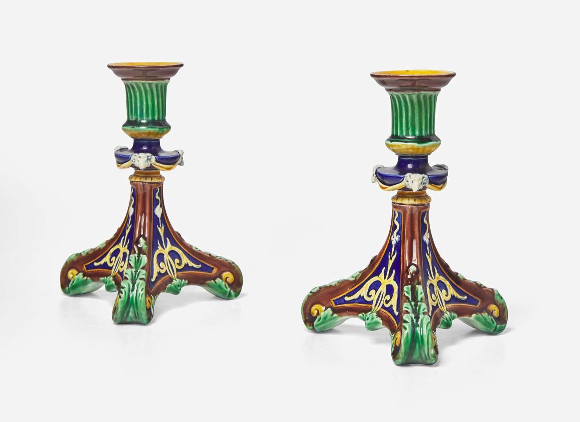 A Pair of Wedgwood Majolica Candlesticks, UK, 1875