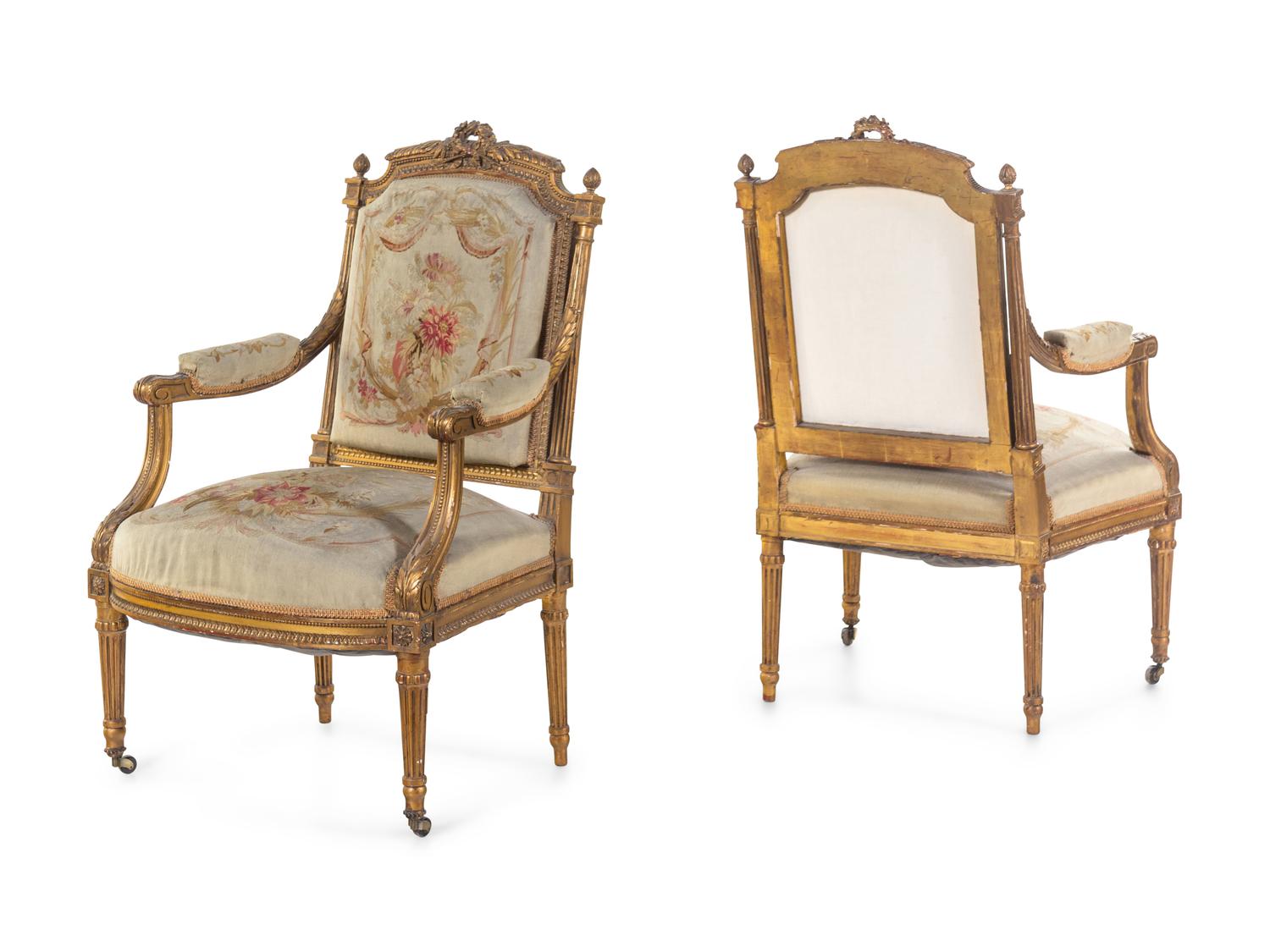 A Louis XVI Style Carved Giltwood Five-Piece Parlor Suite