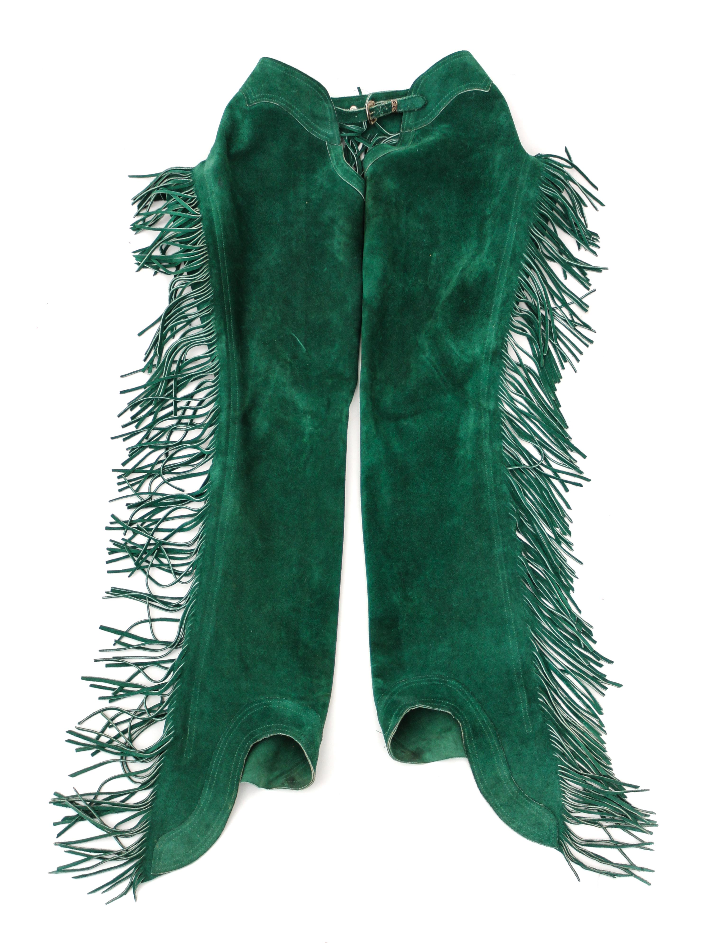 A Pair of Woman's Green Suede Chaps Length 40 inches