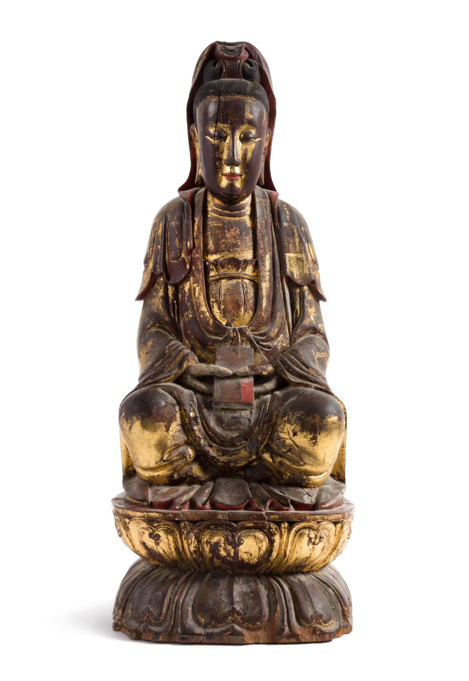 A Gilt Lacquered Wood Figure of Guanyin Height 34 1/2 inches.
