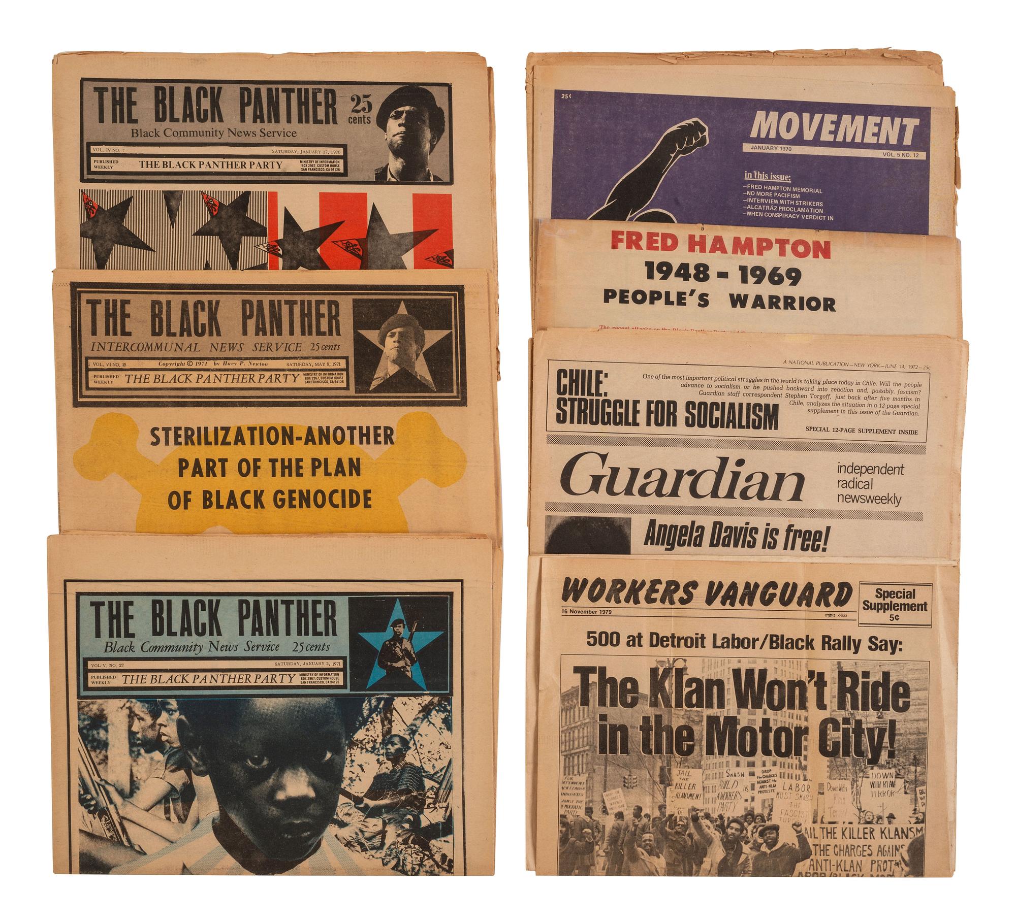 [BLACK PANTHER PARTY]. Newspapers, press photos, and original flyers related to protests and programs involving the Black Panther Party and its members.