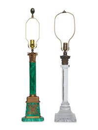 A Gilt Bronze Mounted Malachite Lamp and a French Cut Glass Columnar Lamp