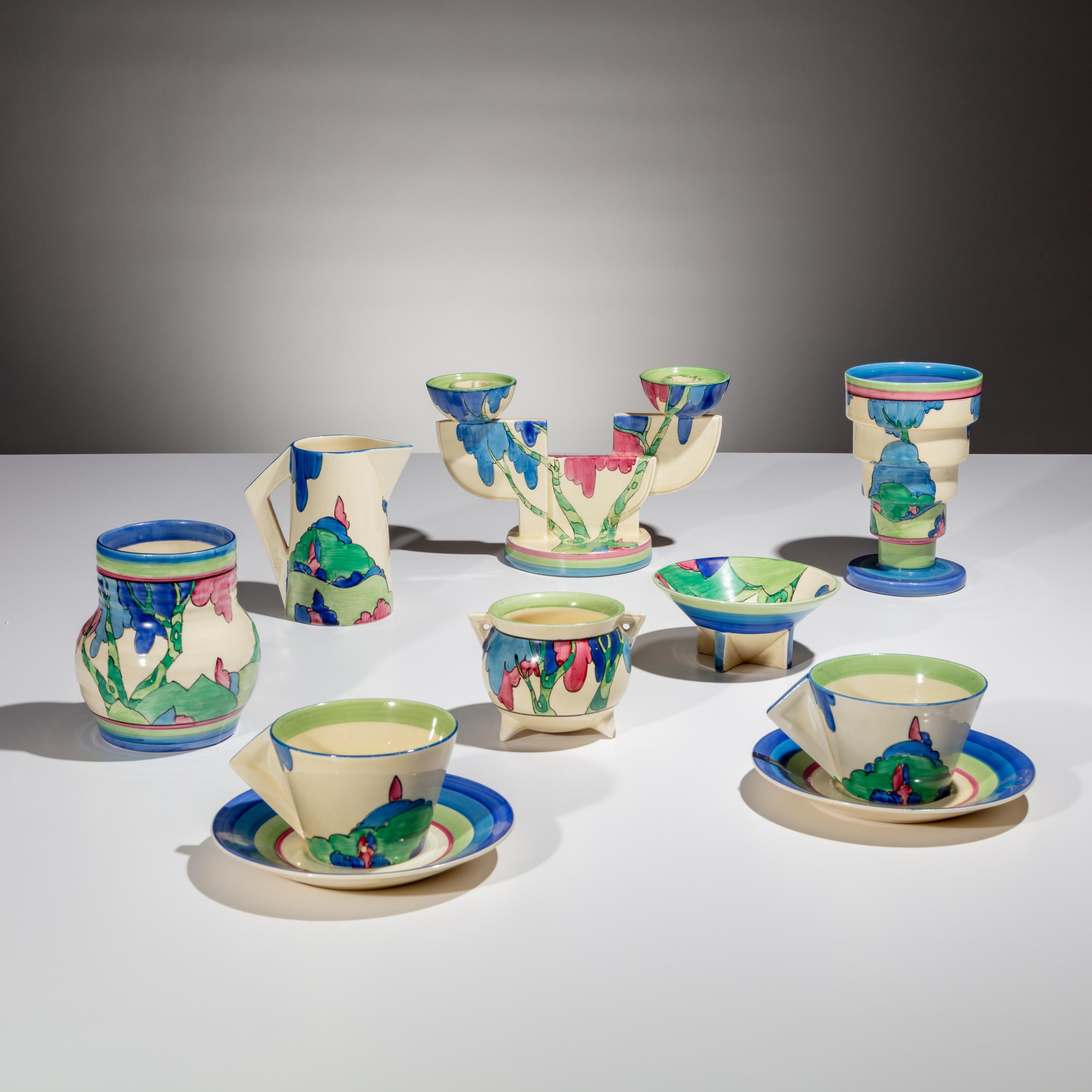 Clarice Cliff (English, 1899–1972) — Rudyard pattern, 8 pieces