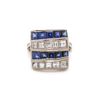 DIAMOND, SAPPHIRE, AND SYNTHETIC SAPPHIRE RING
