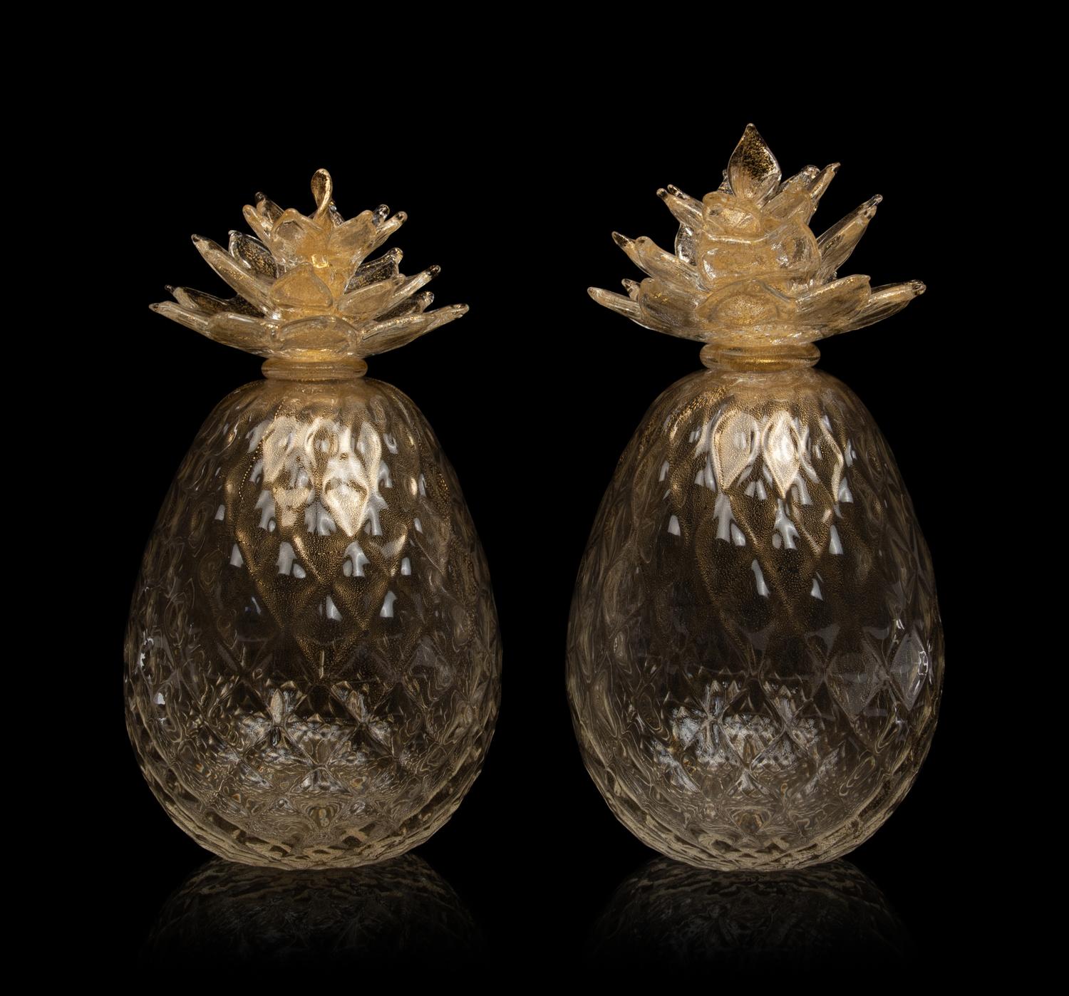 A Pair of Murano Glass Pineapple Ornaments
