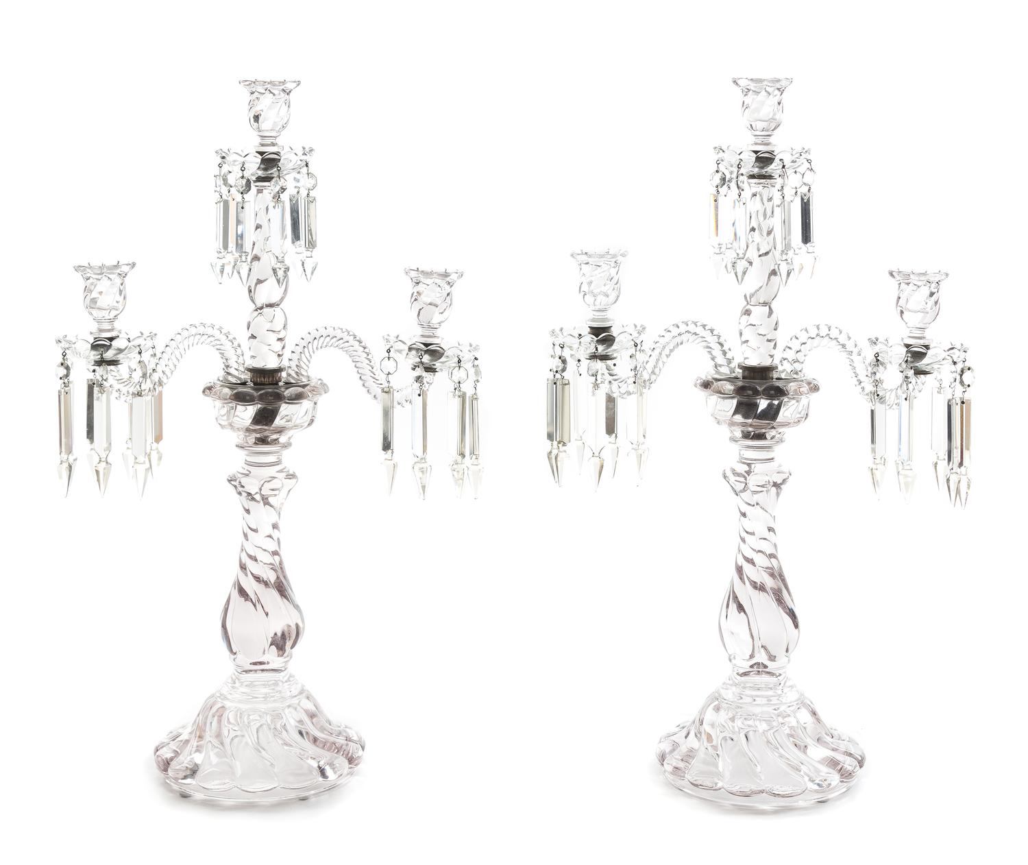 A Pair of Molded Glass Three-Light Candelabra Height 24 5/8 inches. — 19TH/20TH CENTURY