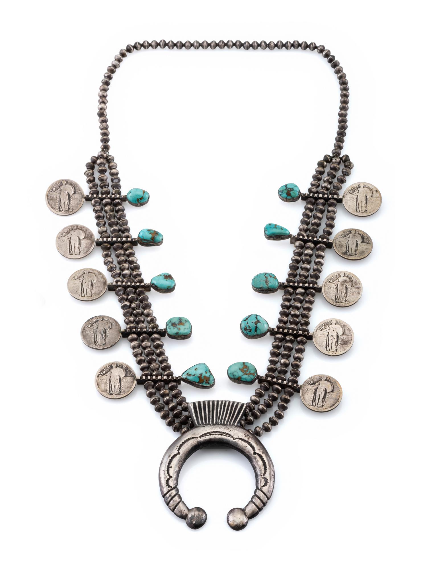 Navajo Silver and Turquoise Squash Blossom Necklace