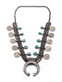 Navajo Silver and Turquoise Squash Blossom Necklace