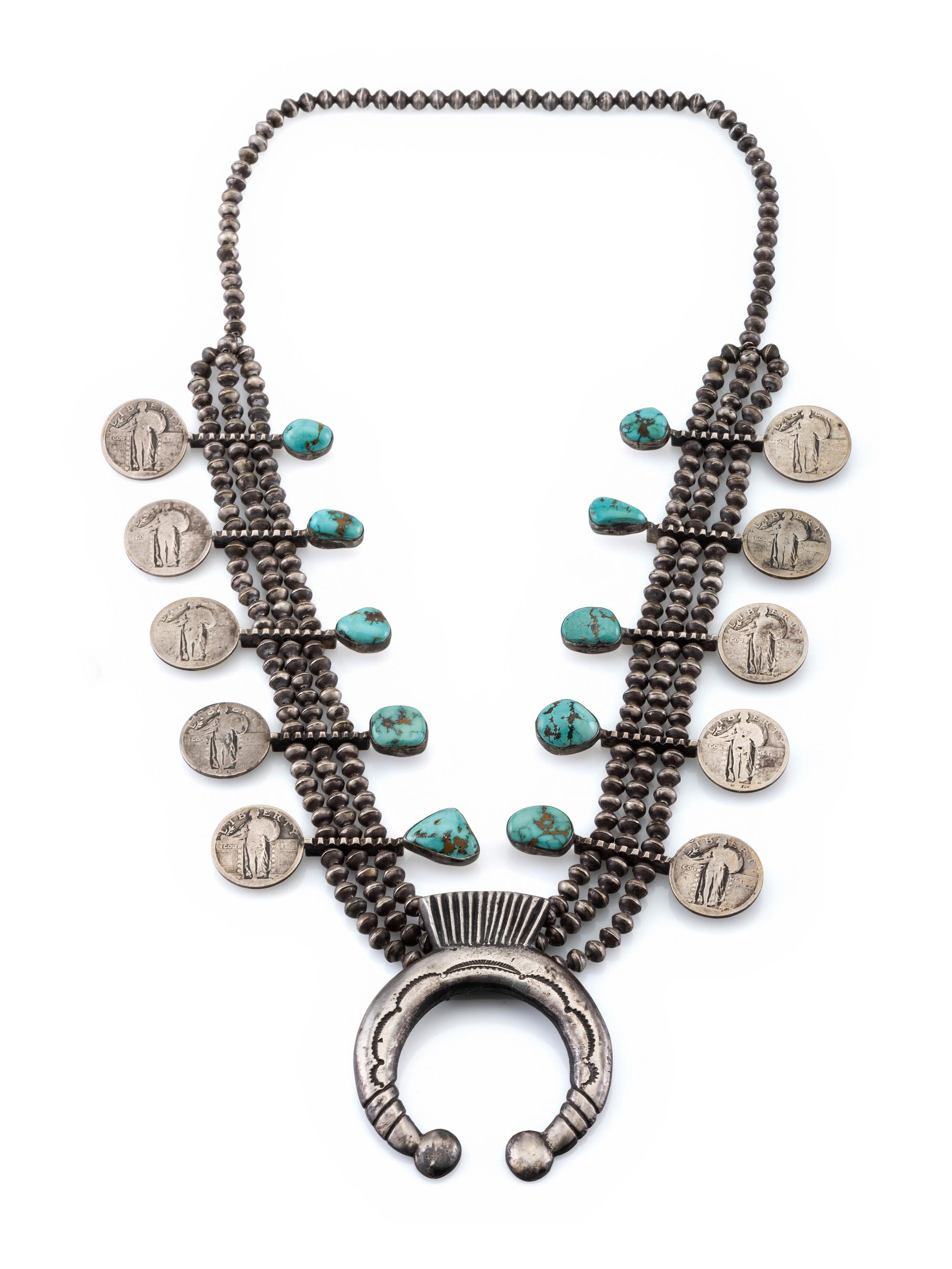 Navajo Silver and Turquoise Squash Blossom Necklace