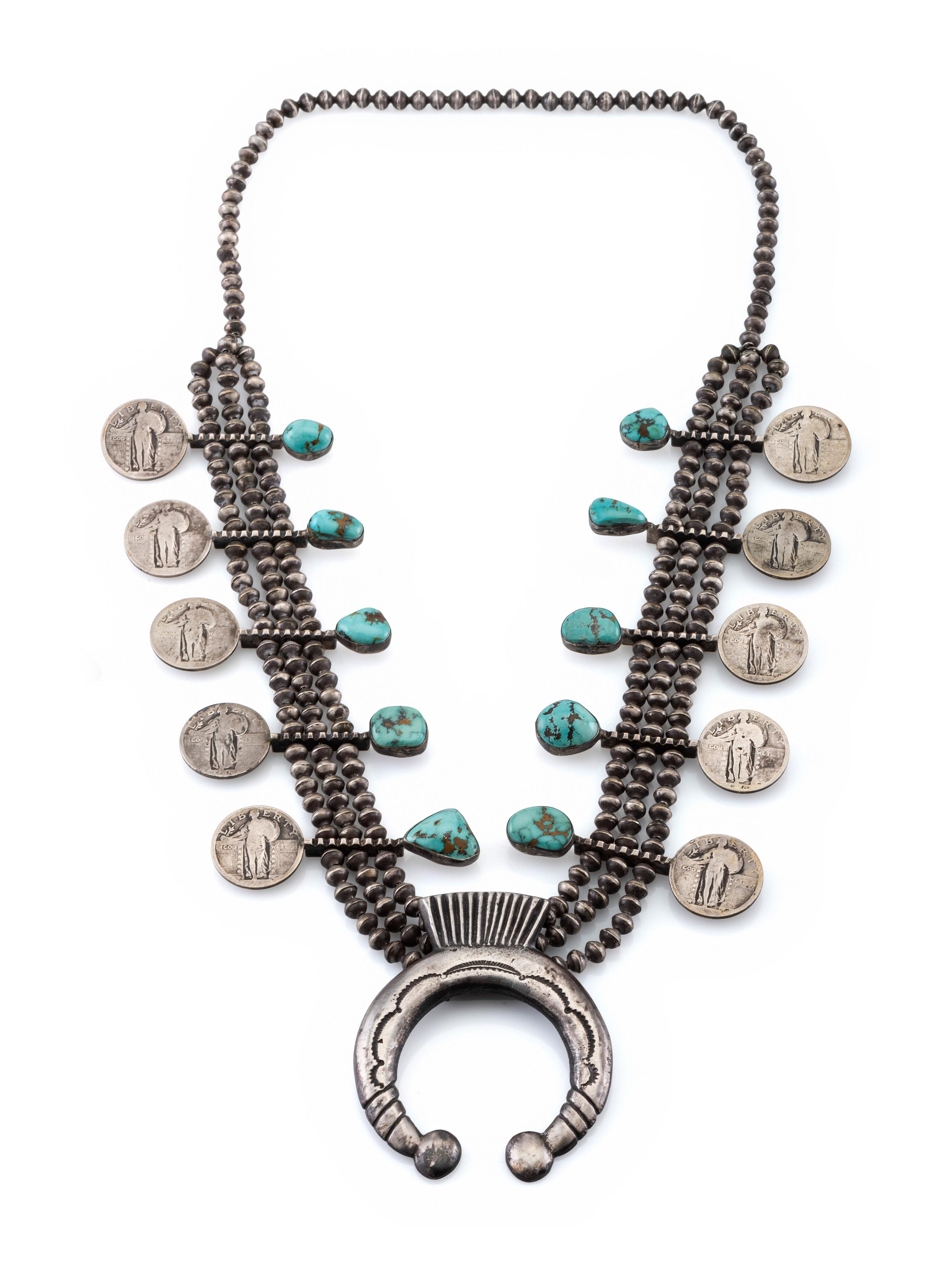 Navajo Silver and Turquoise Squash Blossom Necklace