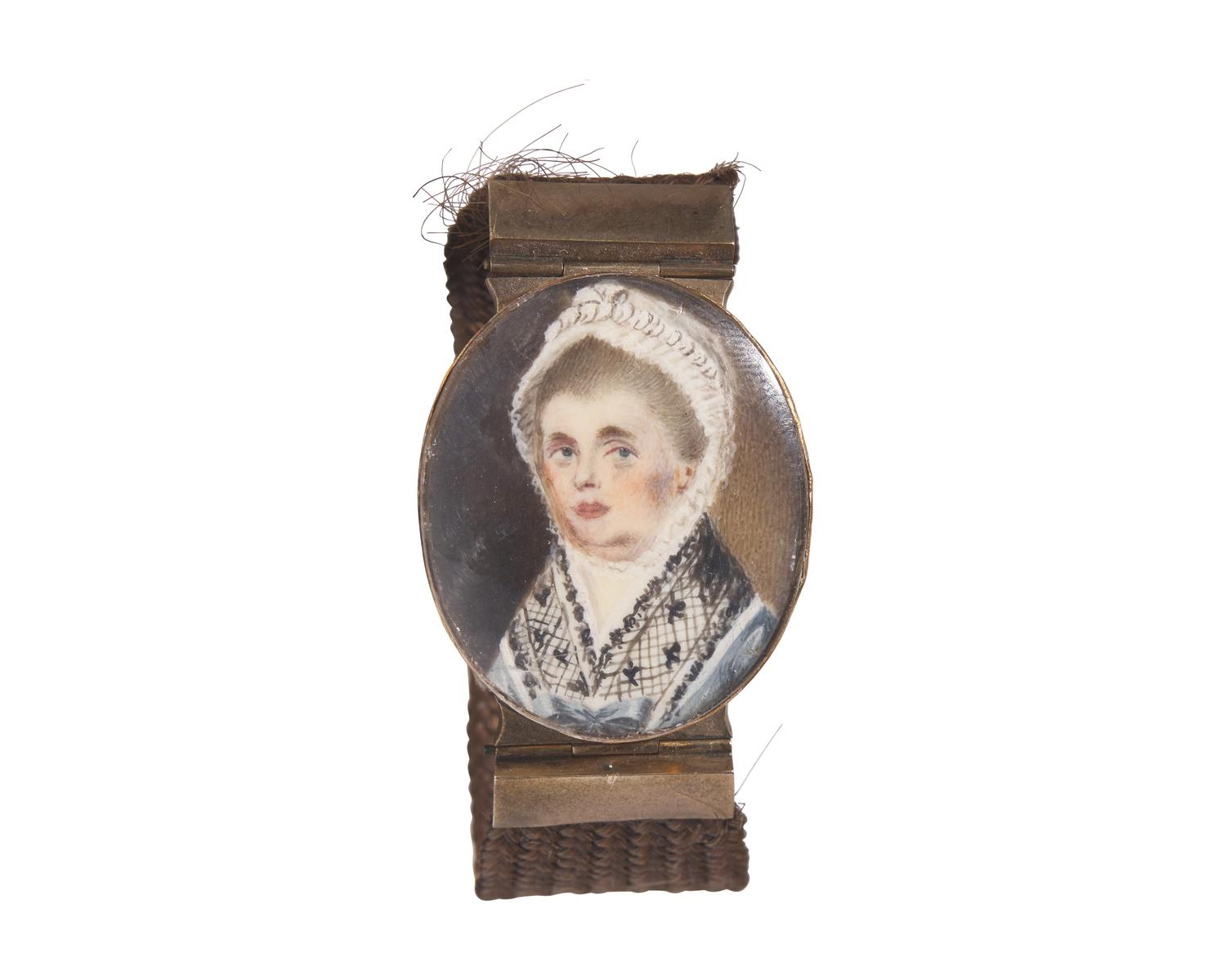 English School 18th Century, A Hairwork Bracelet With Portrait Miniature Clasp Of A Lady In Blue Dress And Black Lace