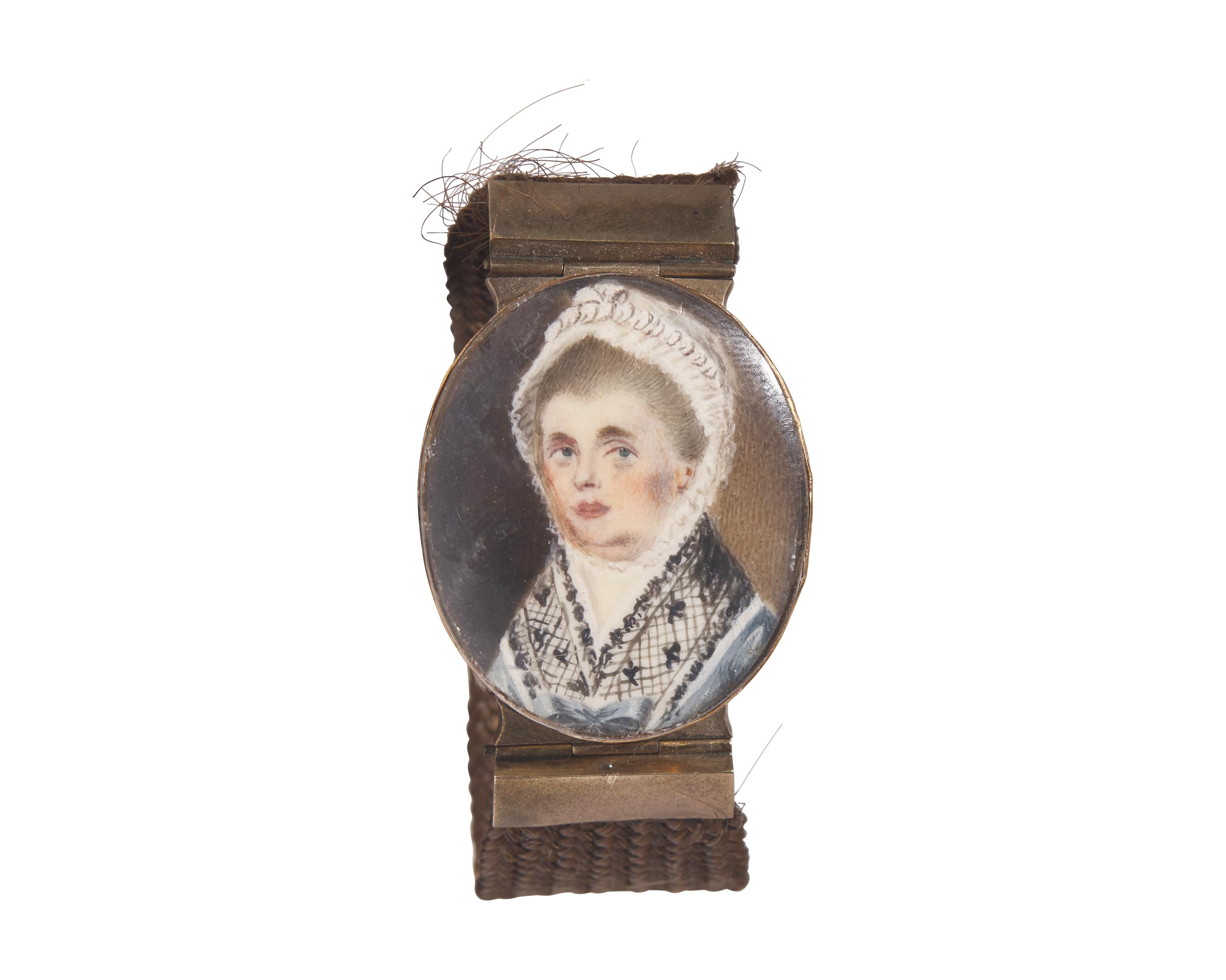 English School 18th Century, A Hairwork Bracelet With Portrait Miniature Clasp Of A Lady In Blue Dress And Black Lace