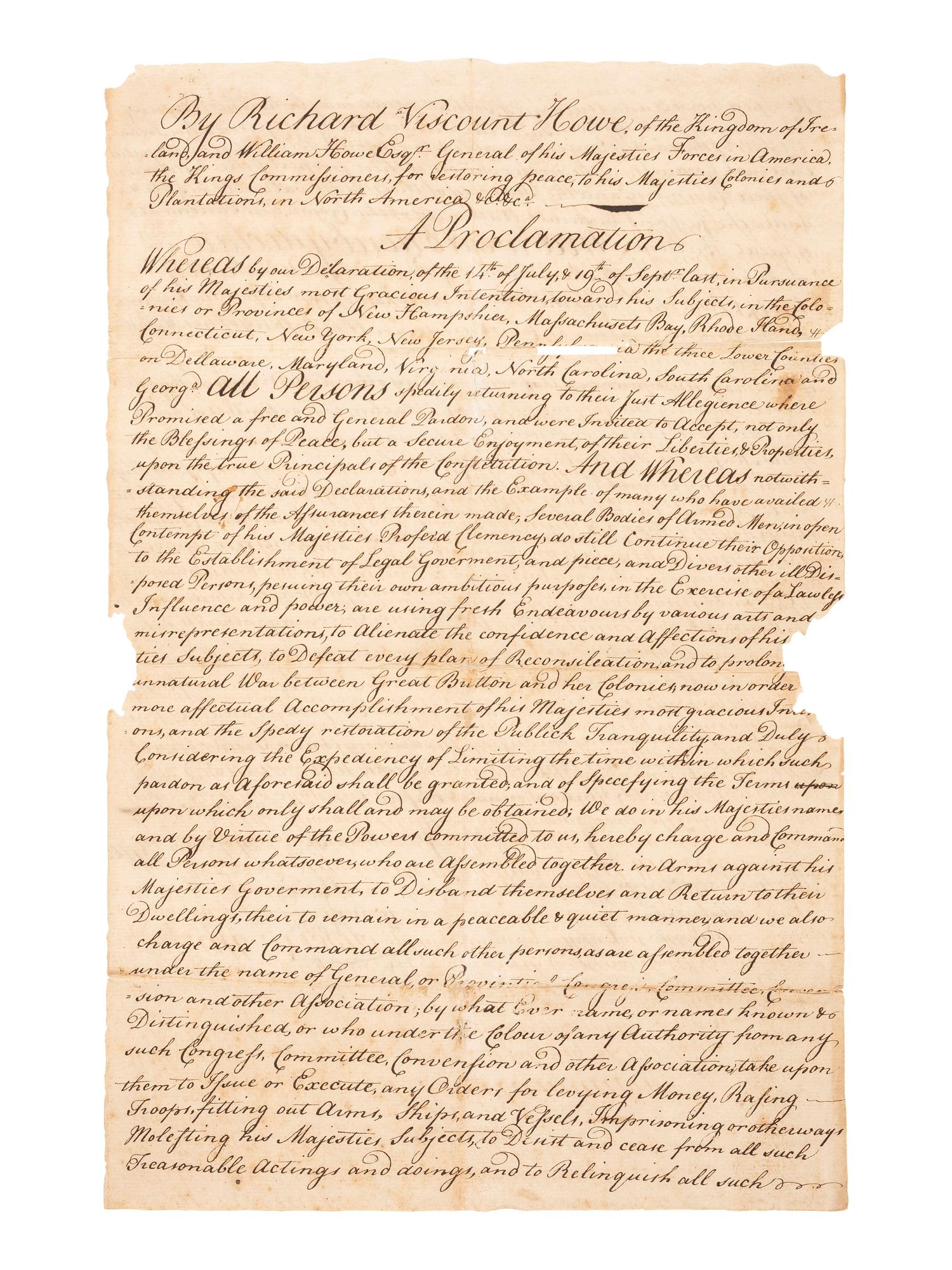 HOWE, Adm. Richard (1726-1799) -- HOWE, Gen. William (1729-1814). "A Proclamation" from Lord Howe offering clemency for the declaration of a loyalty oath. 30 Nov. 1776. [With:] Washington's printed response to the British proclamation. 4 Feb. 1777.