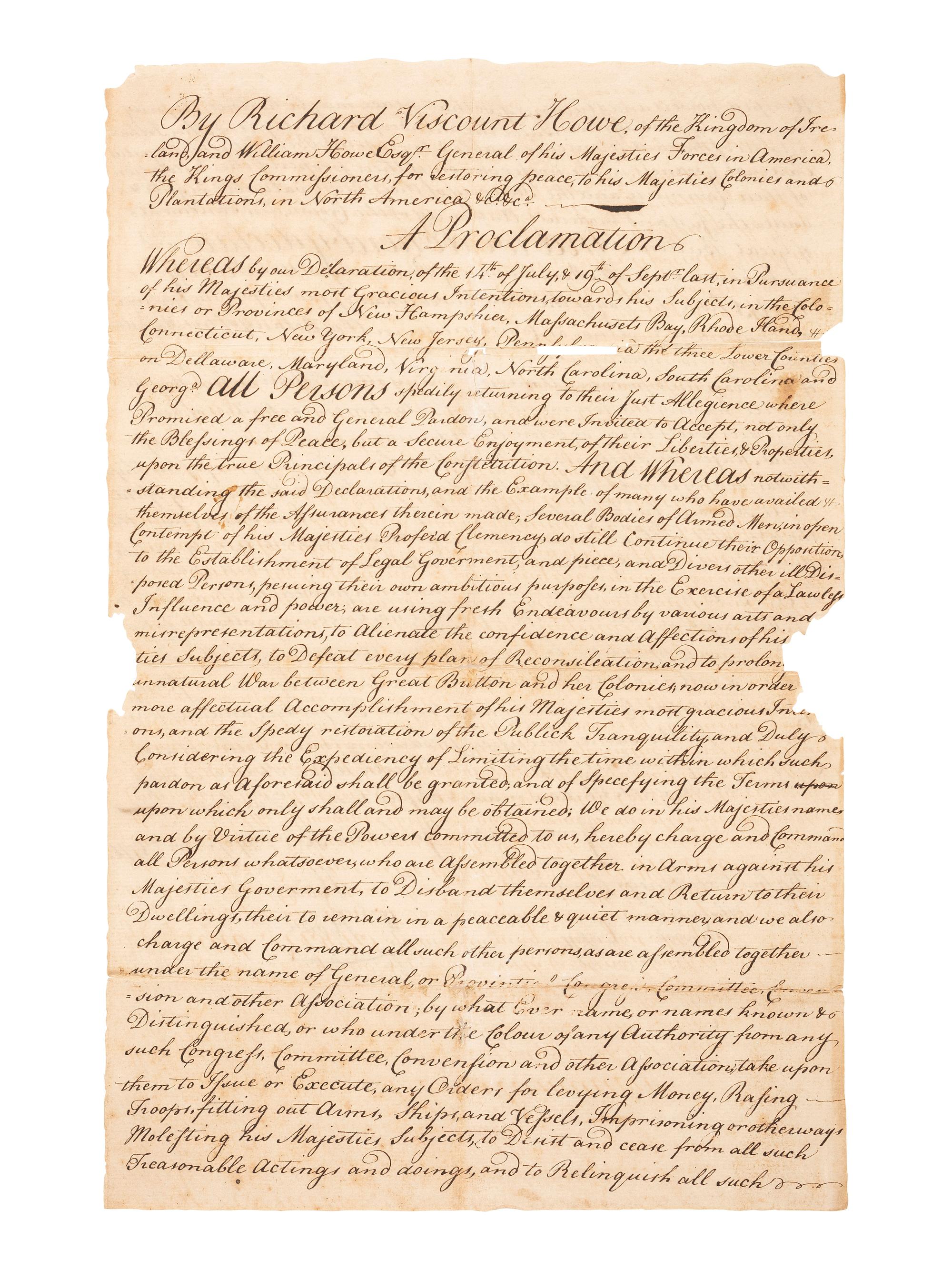 HOWE, Adm. Richard (1726-1799) -- HOWE, Gen. William (1729-1814). "A Proclamation" from Lord Howe offering clemency for the declaration of a loyalty oath. 30 Nov. 1776. [With:] Washington's printed response to the British proclamation. 4 Feb. 1777.