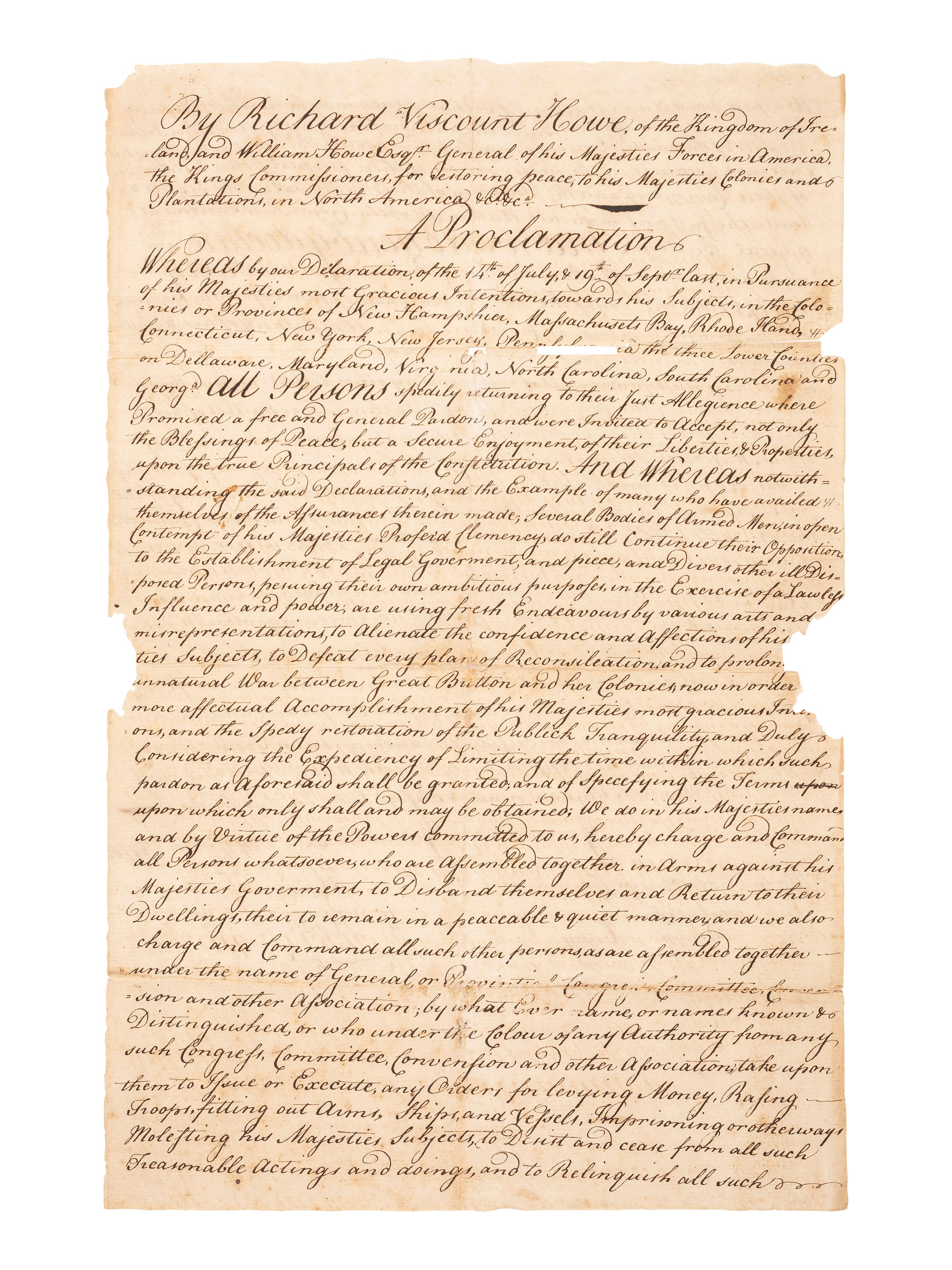 HOWE, Adm. Richard (1726-1799) -- HOWE, Gen. William (1729-1814). "A Proclamation" from Lord Howe offering clemency for the declaration of a loyalty oath. 30 Nov. 1776. [With:] Washington's printed response to the British proclamation. 4 Feb. 1777.