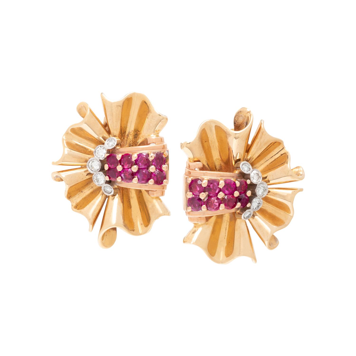 RETRO, TRICOLOR GOLD, RUBY AND DIAMOND EARCLIPS