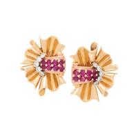 RETRO, TRICOLOR GOLD, RUBY AND DIAMOND EARCLIPS