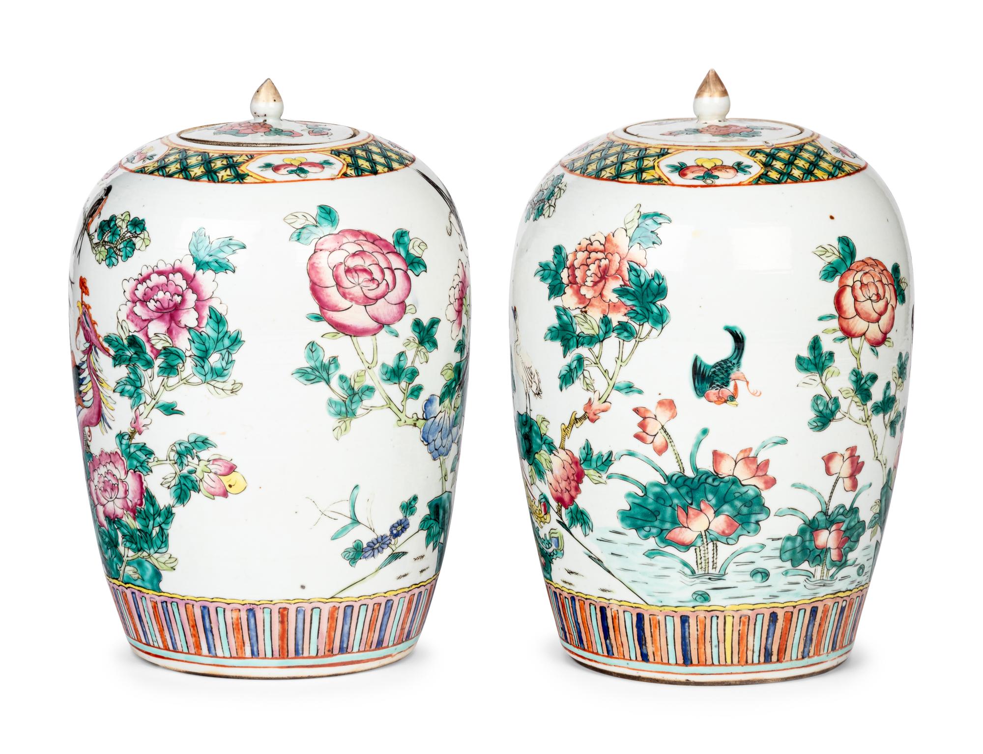 A Pair of Chinese Famille Rose Porcelain Lidded Jars